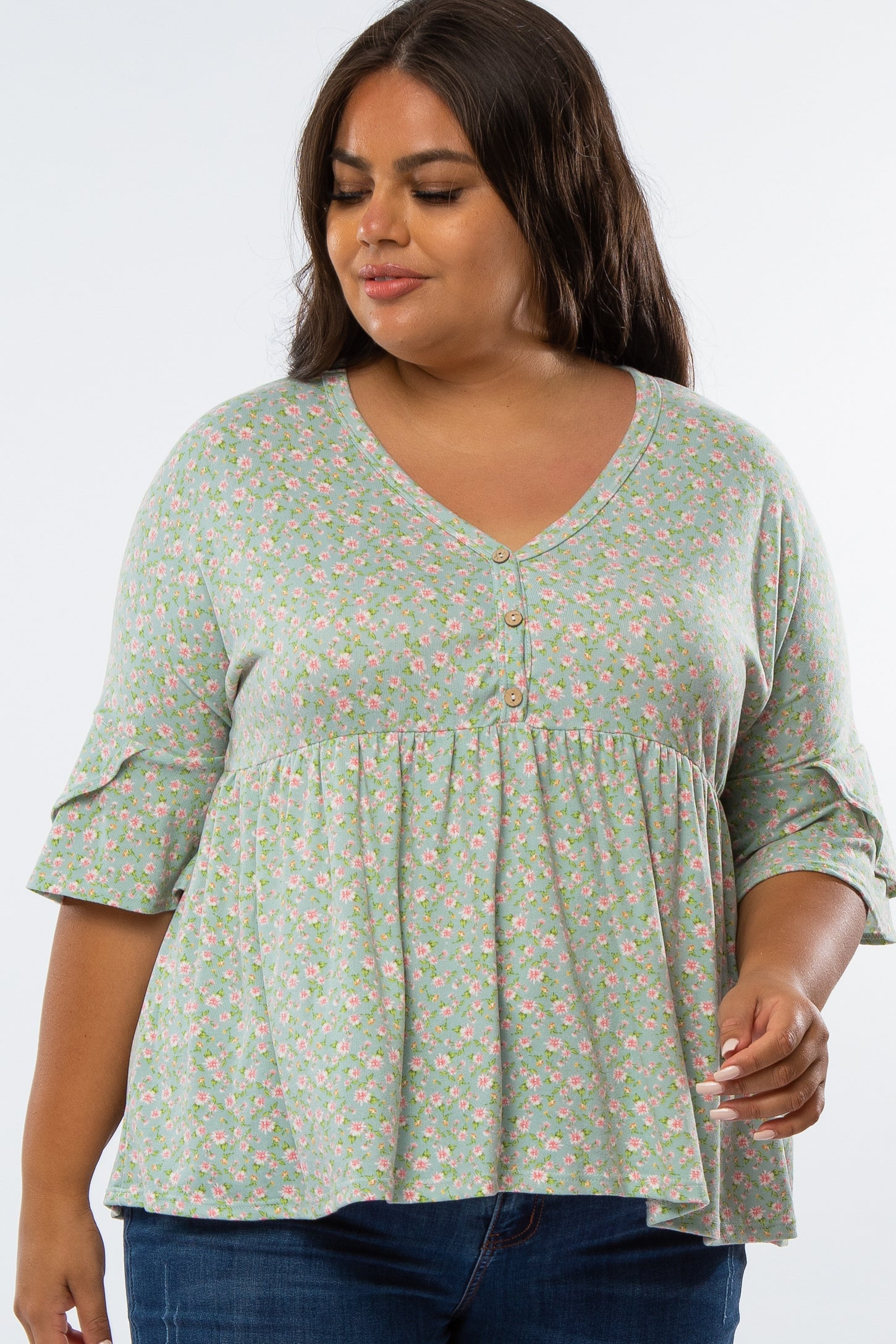 Mint Green Floral Button Front Maternity Plus Top