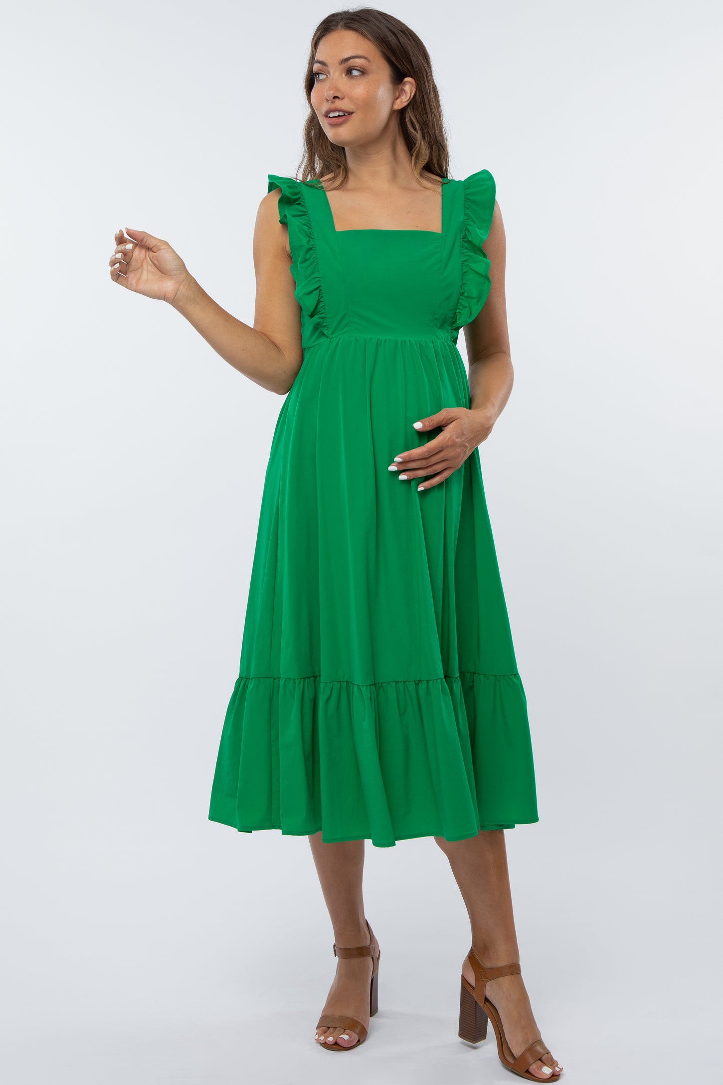 Green Ruffled Open Back Maternity Midi Dress