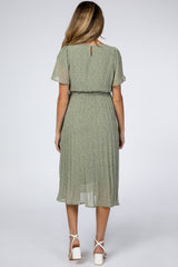 Light Olive Leaf Print Pleated Maternity Midi Dress