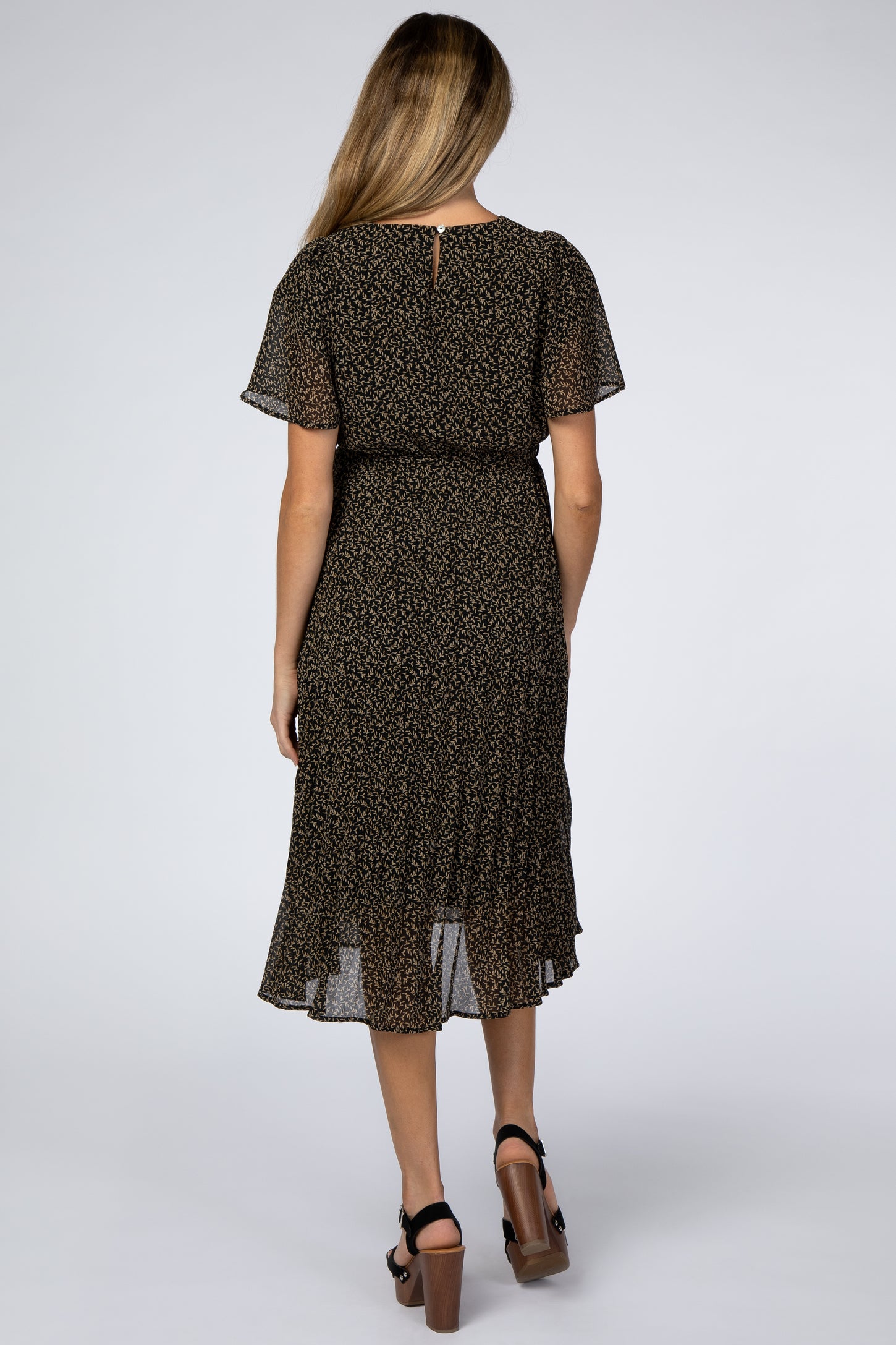 Black Leaf Print Pleated Maternity Midi Dress
