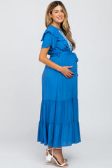 Blue Floral Embroidered Maternity Maxi Dress