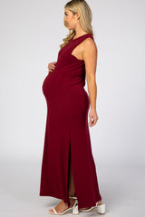 Burgundy Side Slit Maternity Maxi Dress