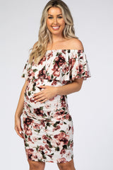 Ivory Floral Ruffle Off Shoulder Fitted Maternity Dress