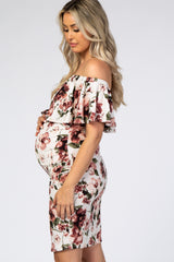 Ivory Floral Ruffle Off Shoulder Fitted Maternity Dress