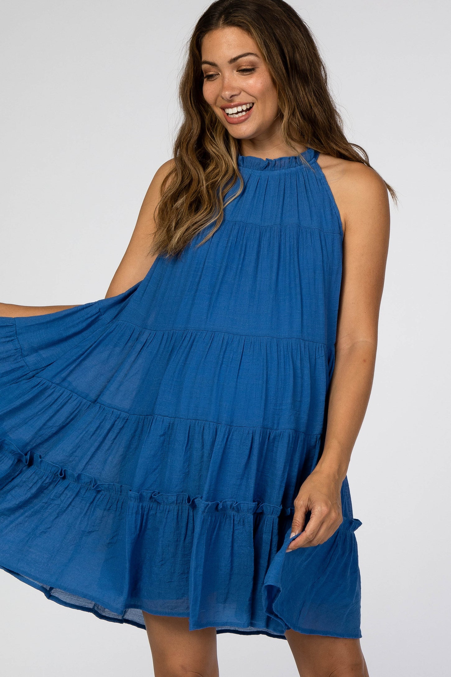 Blue Halter Neck Tiered Maternity Dress