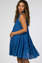Blue Halter Neck Tiered Maternity Dress