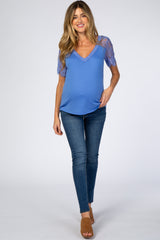 Blue Lace Sleeve V Neck Maternity Top