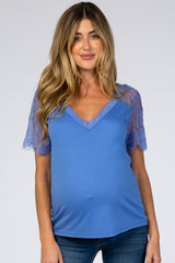 Blue Lace Sleeve V Neck Maternity Top