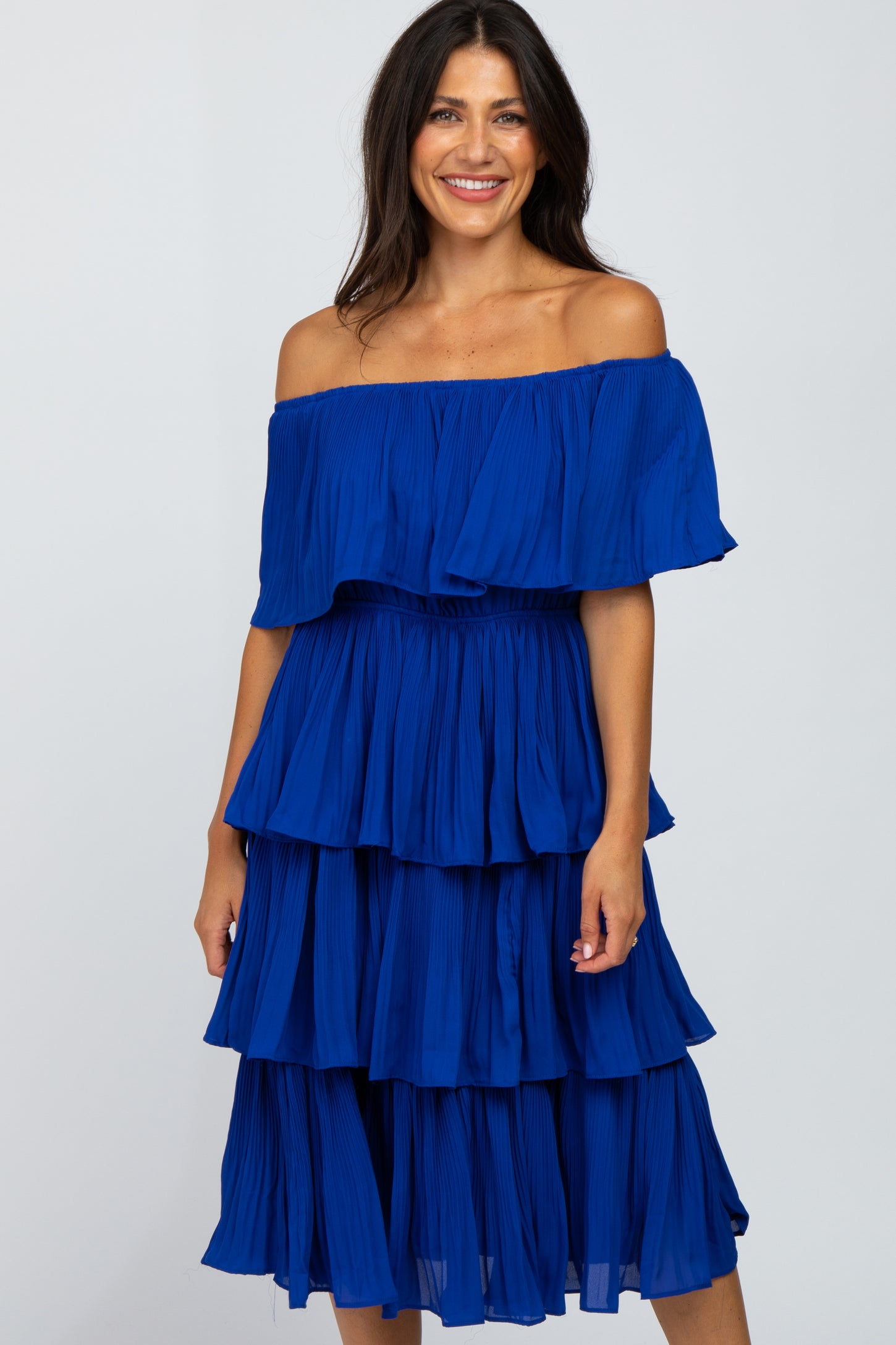 Royal Blue Pleated Tiered Off Shoulder Midi Dress