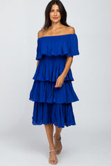 Royal Blue Pleated Tiered Off Shoulder Maternity Midi Dress