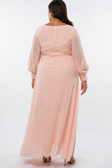 Peach Chiffon Long Sleeve Pleated Plus Maxi Dress