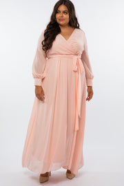Peach Chiffon Long Sleeve Pleated Plus Maxi Dress