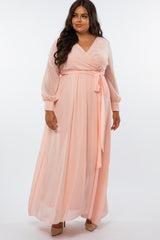 Peach Chiffon Long Sleeve Pleated Plus Maternity Maxi Dress