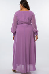 Violet Chiffon Long Sleeve Pleated Plus Maxi Dress