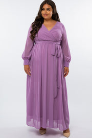 Violet Chiffon Long Sleeve Pleated Plus Maxi Dress