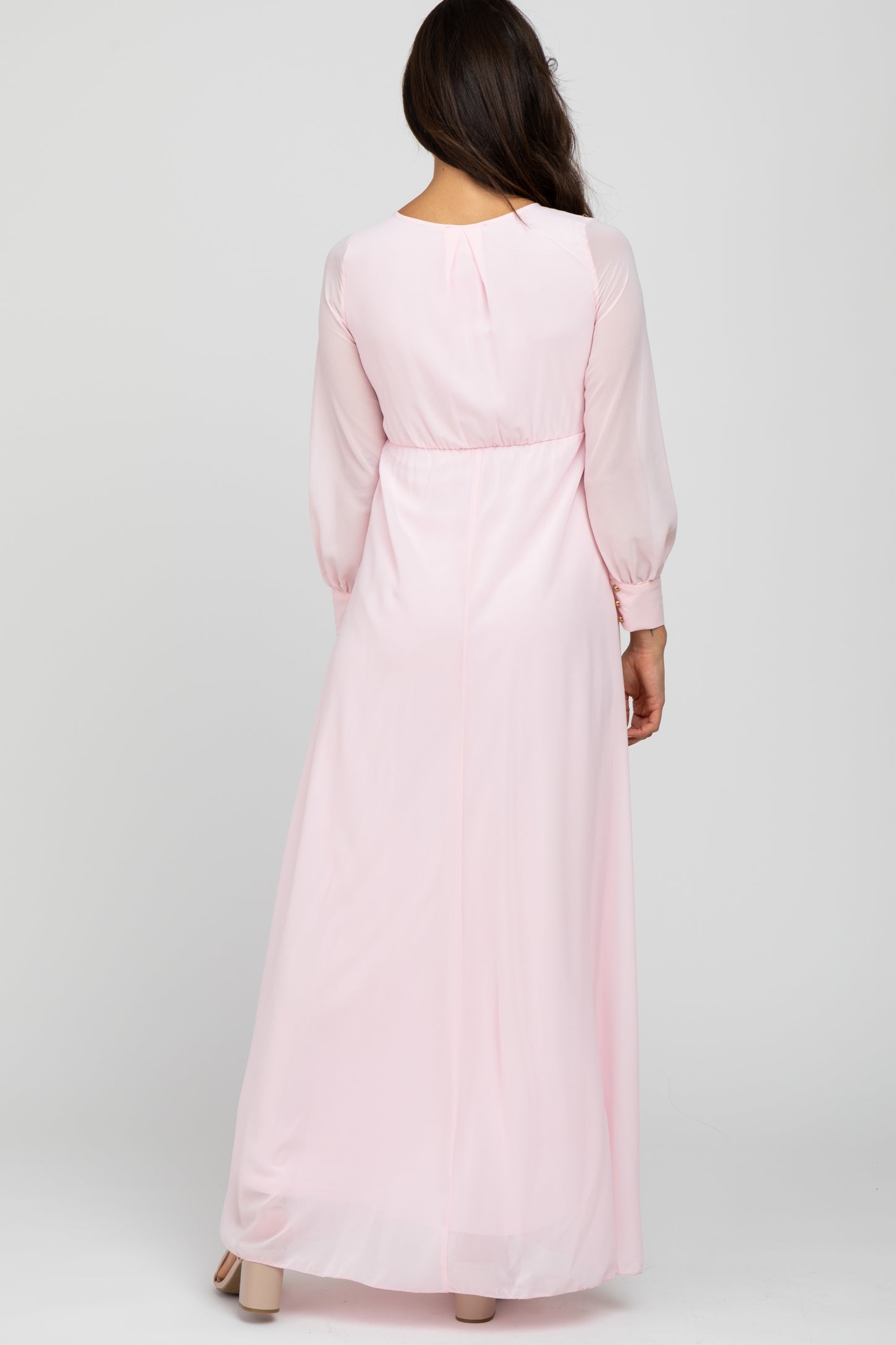 Light Pink Chiffon Long Sleeve Maxi Dress