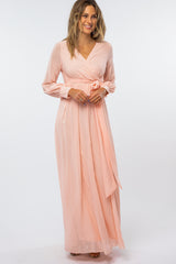 Peach Chiffon Long Sleeve Pleated Maxi Dress