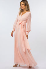 Peach Chiffon Long Sleeve Pleated Maxi Dress