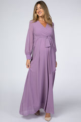Violet Chiffon Long Sleeve Pleated Maternity Maxi Dress