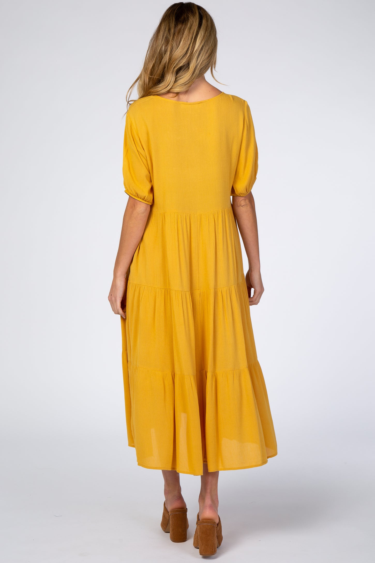 Mustard Tiered Short Sleeve Maternity Midi Dress