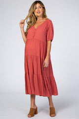 Rust Tiered Short Sleeve Maternity Midi Dress