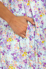 Light Blue Floral Print Shoulder Tie Midi Dress