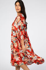 Red Floral 3/4 Sleeve Tiered Midi Dress