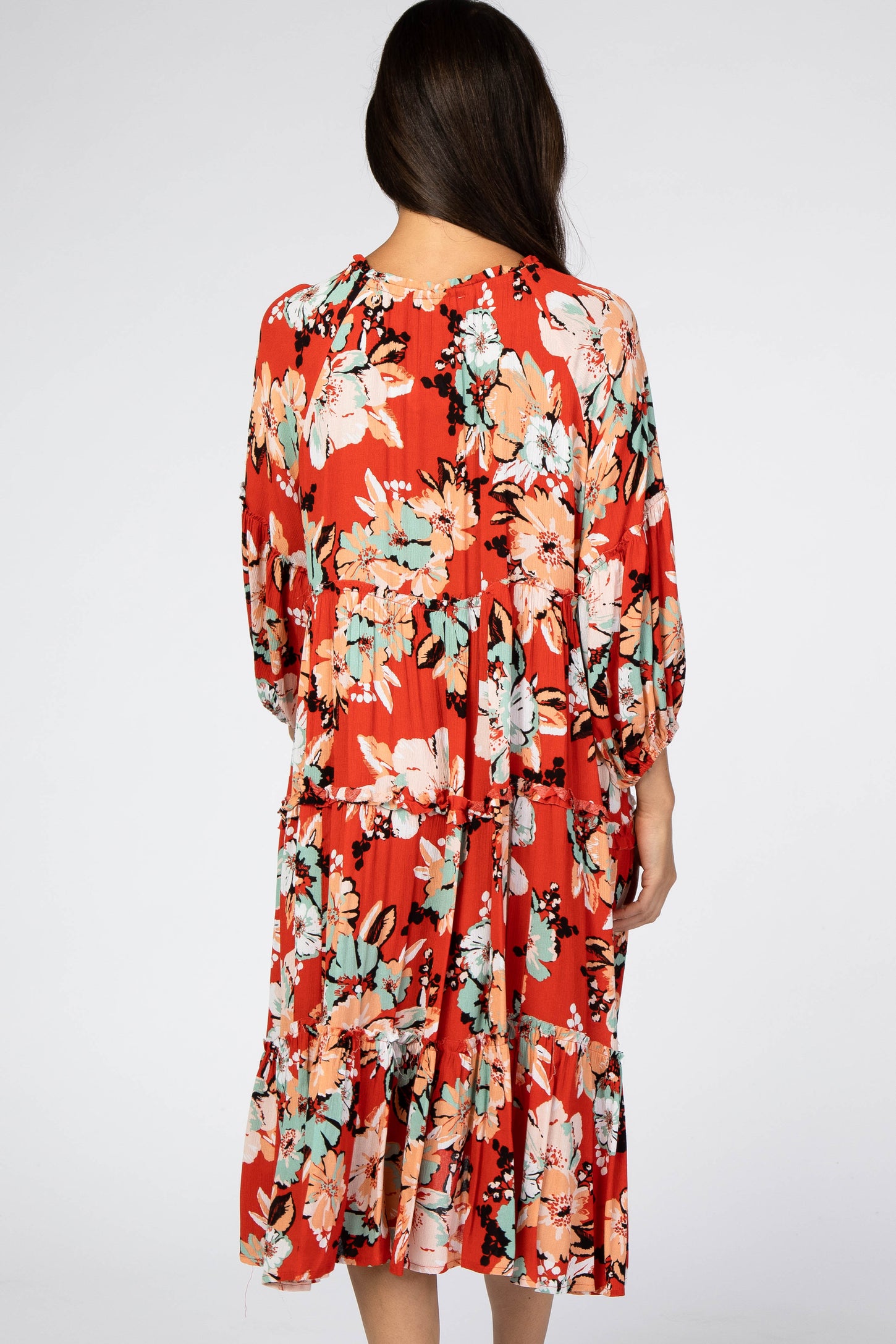 Red Floral 3/4 Sleeve Tiered Midi Dress