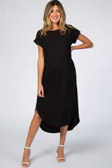 Black Ribbed Curved Hem Maternity Midi Dress