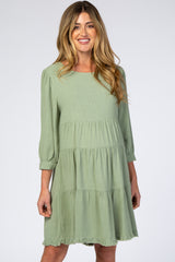 Light Olive 3/4 Sleeve Pleated Tier Fringe Hem Maternity Dress