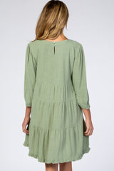 Light Olive 3/4 Sleeve Pleated Tier Fringe Hem Maternity Dress