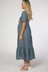 Navy Blue Floral Smocked Wrap Front Pleated Tier Maternity Midi Dress