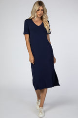 Navy Blue Side Slit Maternity Midi Dress