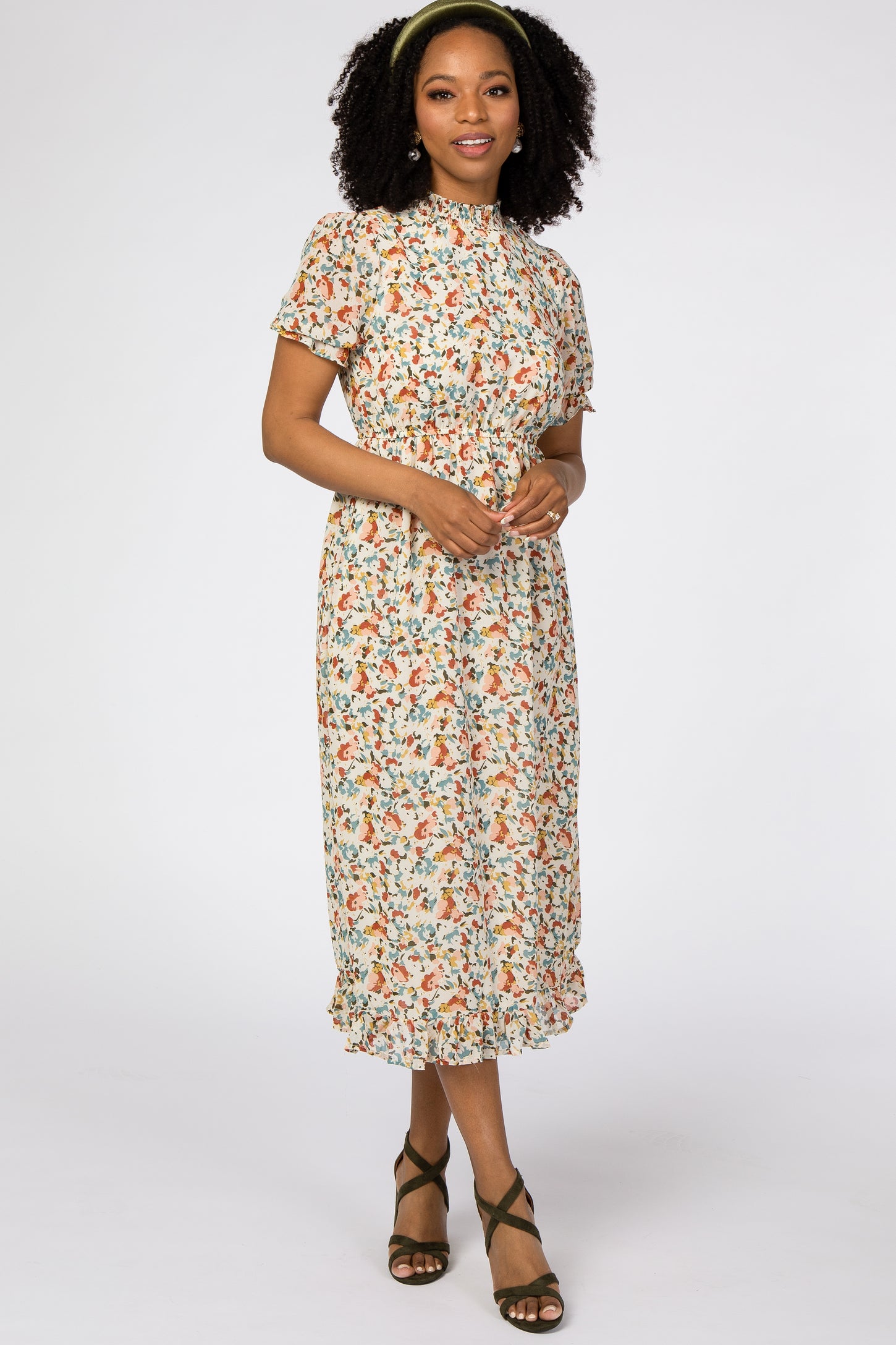 Ivory Floral Mock Neck Midi Dress