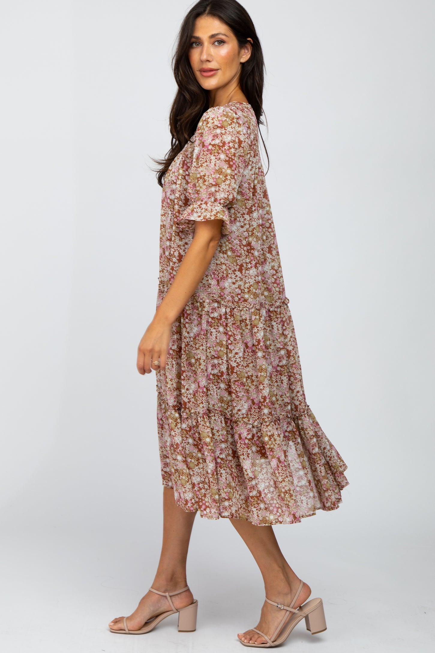Rust Floral Tiered Ruffle Accent Midi Dress