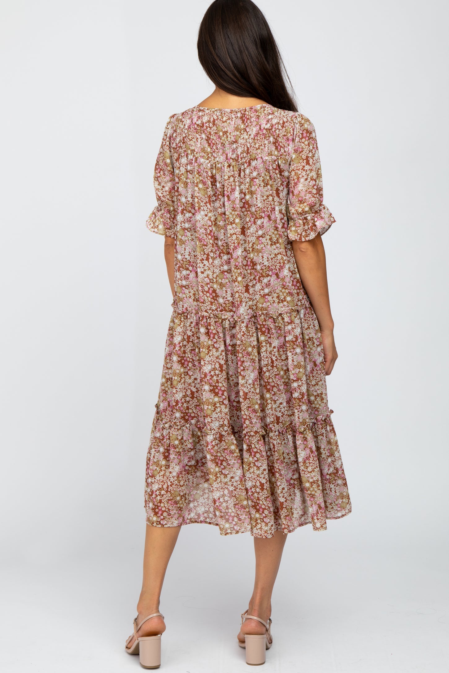 Rust Floral Tiered Ruffle Accent Midi Dress