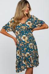 Teal Floral Ruffle Accent Maternity Dress