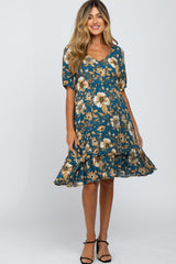 Teal Floral Ruffle Accent Maternity Dress