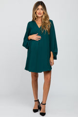 Forest Green Solid Draped Bubble Sleeve Maternity Dress