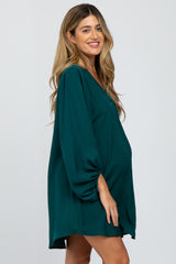 Forest Green Solid Draped Bubble Sleeve Maternity Dress