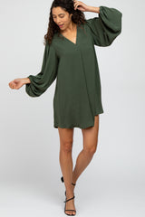 Olive Solid Draped Bubble Sleeve Dress