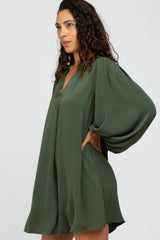 Olive Solid Draped Bubble Sleeve Dress