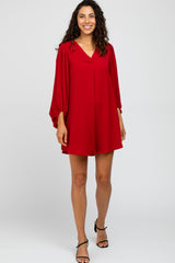 Red Solid Draped Bubble Sleeve Maternity Dress