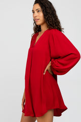Red Solid Draped Bubble Sleeve Dress
