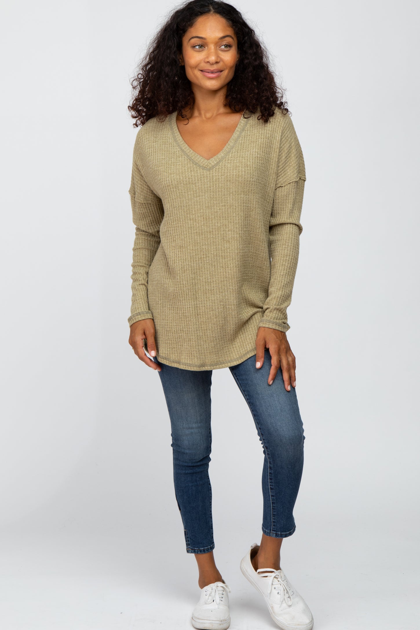 Olive Waffle Knit Long Sleeve Top