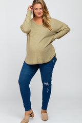 Olive Waffle Knit Long Sleeve Maternity Plus Top