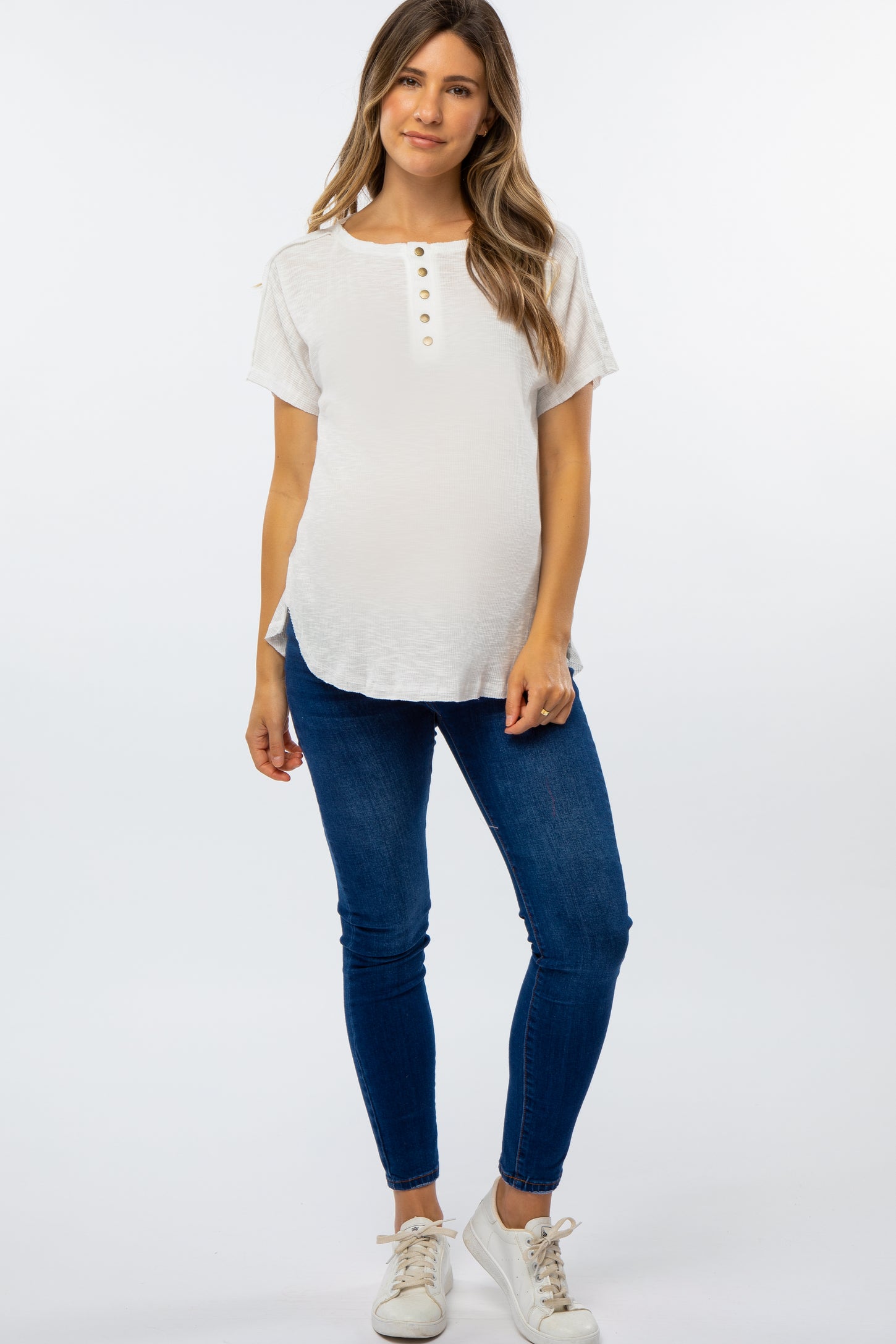 White Ribbed Raw Seam Snap Button Maternity Top