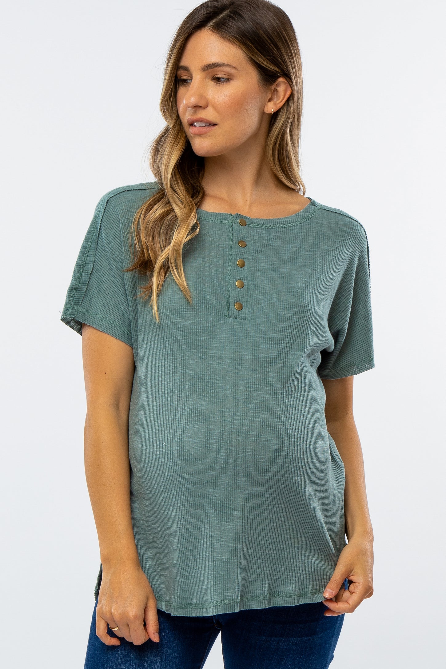 Teal Ribbed Raw Seam Snap Button Maternity Top