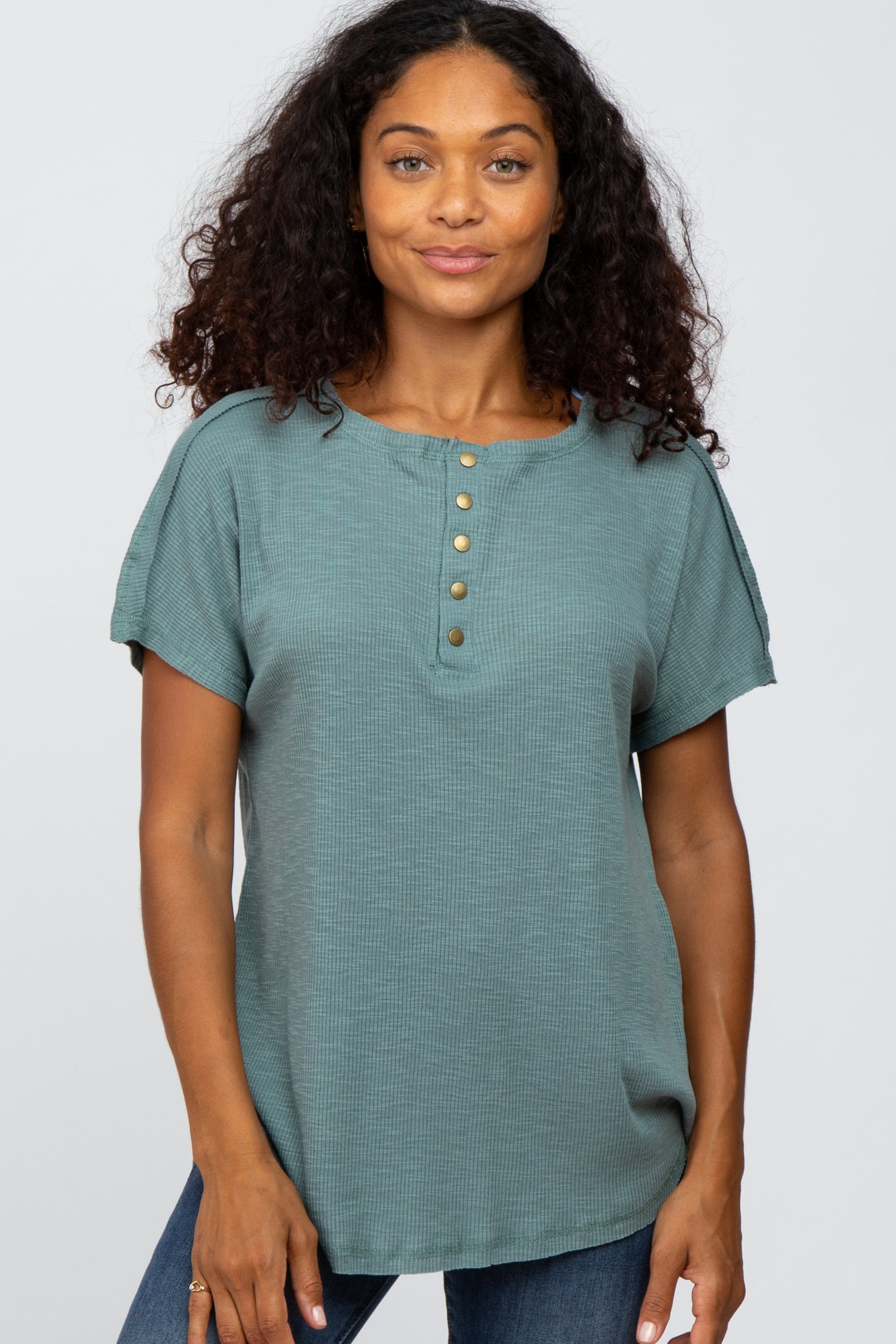 Teal Ribbed Raw Seam Snap Button Top