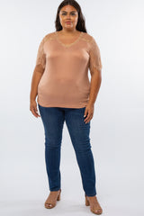 Peach Lace Sleeve V Neck Plus Top